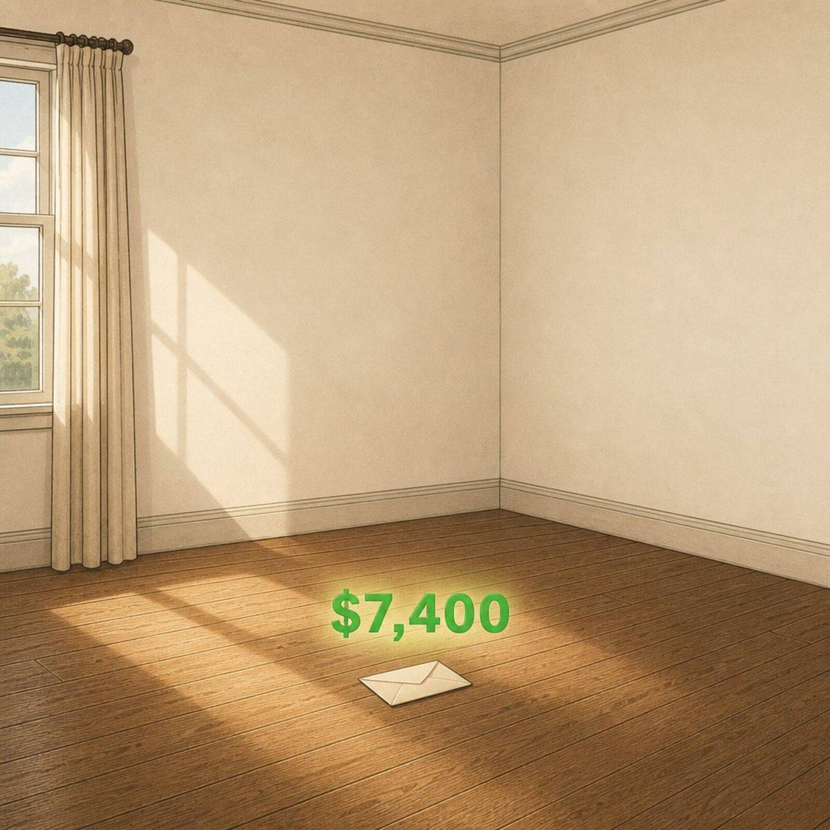 The same living room, empty and swept, with an envelope on the floor and $7,400 above it
