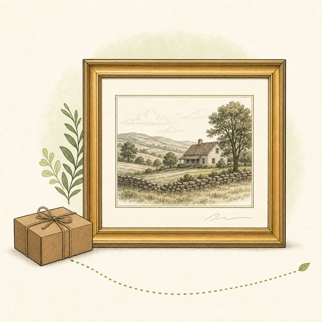 A framed signed landscape print, packed to ship to a collector