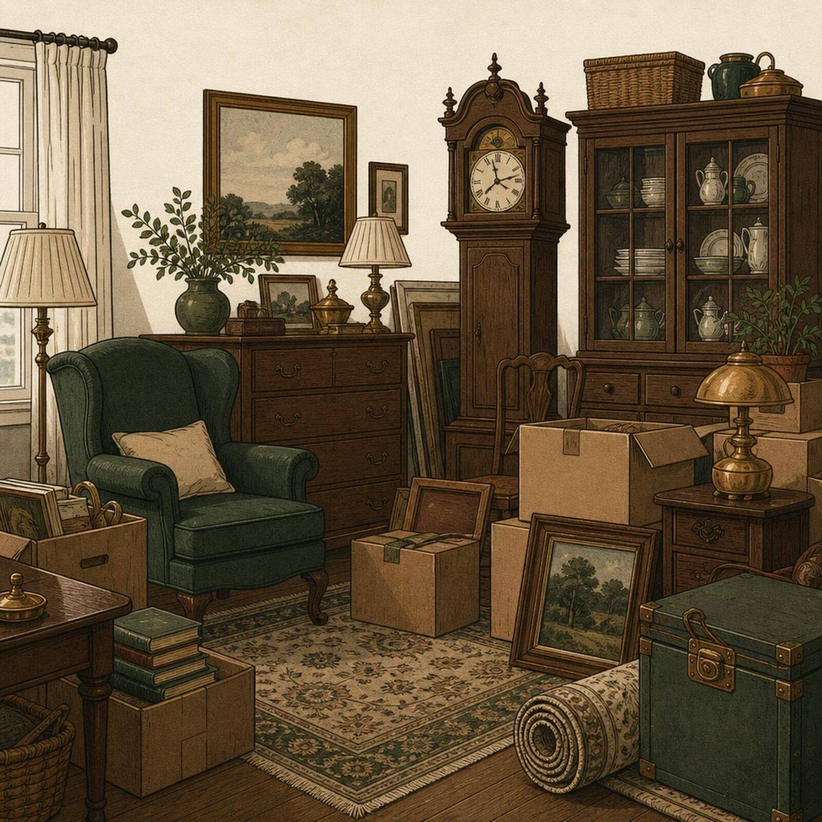 A living room packed with furniture, boxes, framed pictures and a grandfather clock