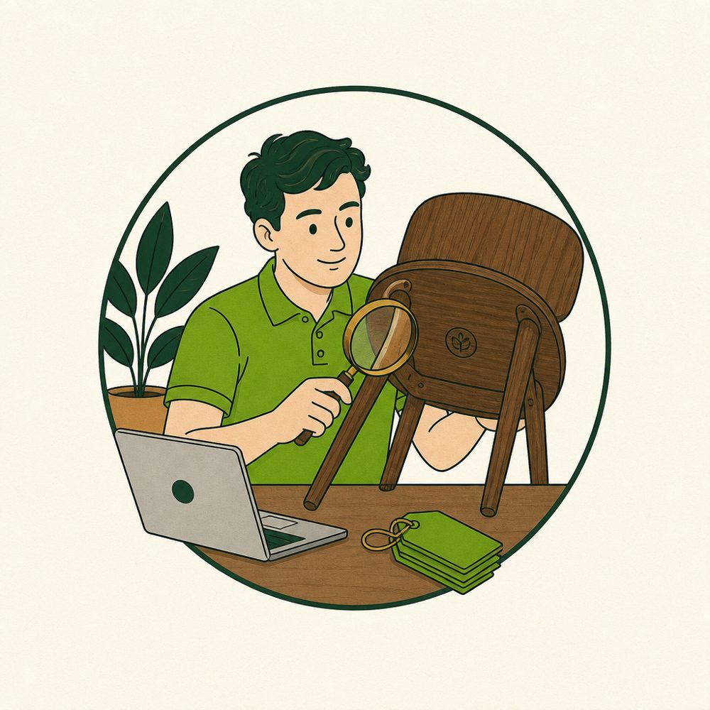 Checking a maker's mark under a chair with a magnifying glass, laptop open