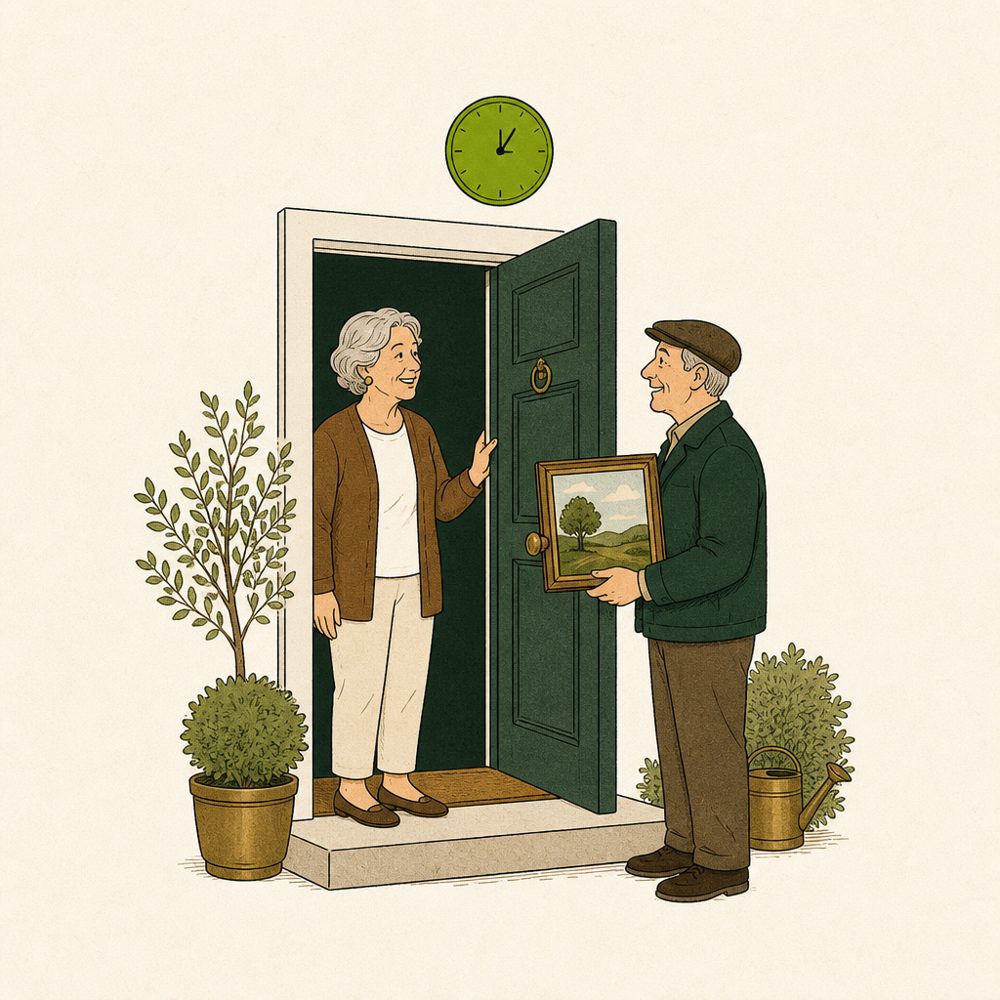 A buyer collecting a framed painting at the front door in a set time window