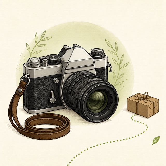 A chrome 35mm film camera with a zoom lens