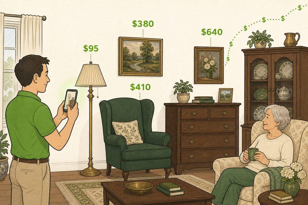 Illustrated in-home consignment visit with a homeowner and worthwhile furniture