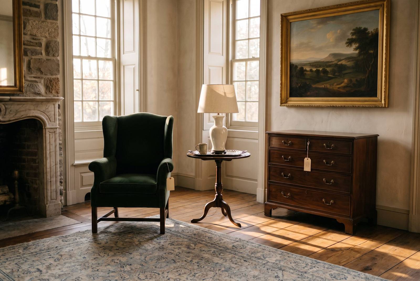 Illustrative living room of furniture and framed art ready to be listed