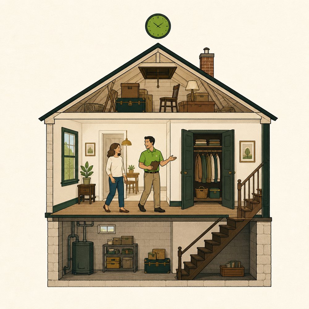 A cutaway of the whole house, closets, basement and attic, walked in one hour