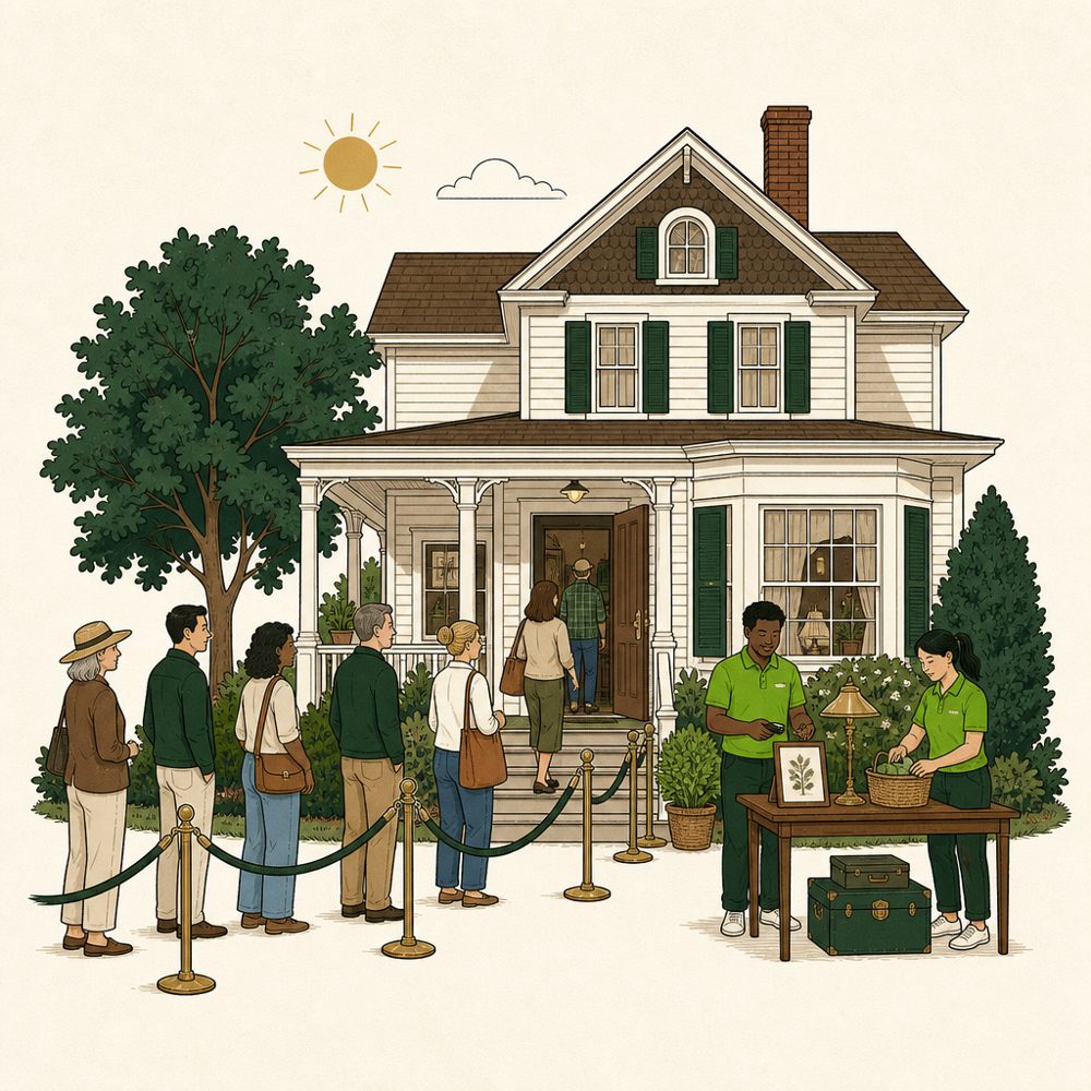 An orderly line of shoppers at the door, staff at the checkout table