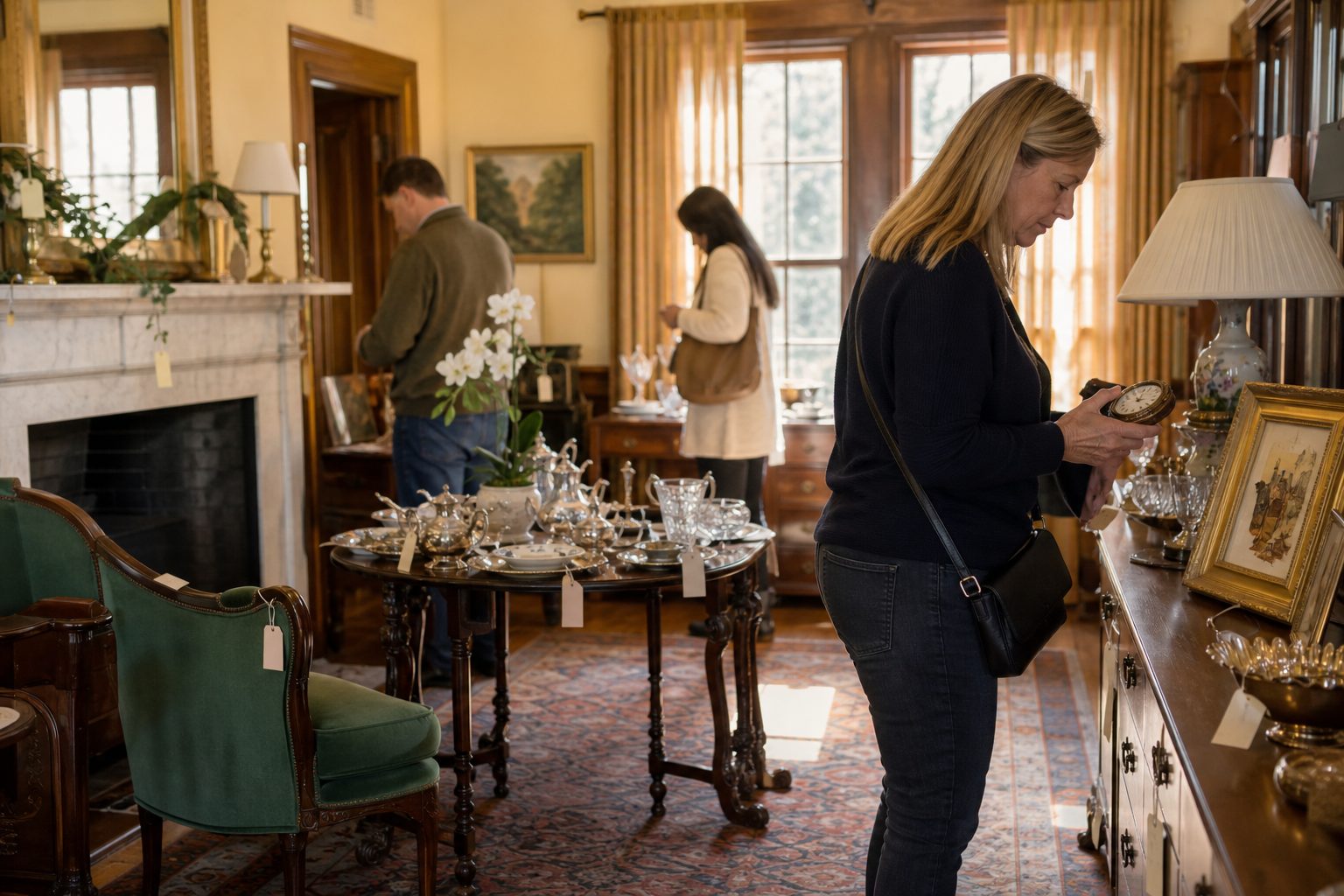 Illustrative estate sale in an older home with tagged furniture and art