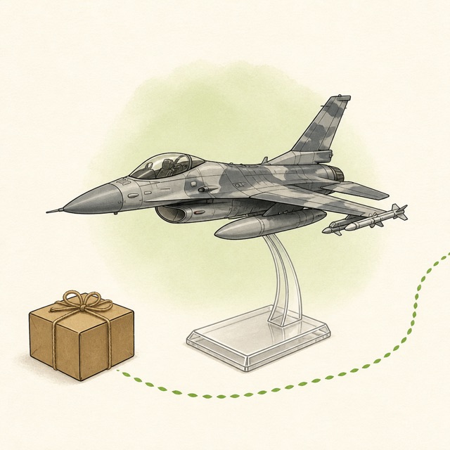 A 1:18 scale model fighter jet on a display stand