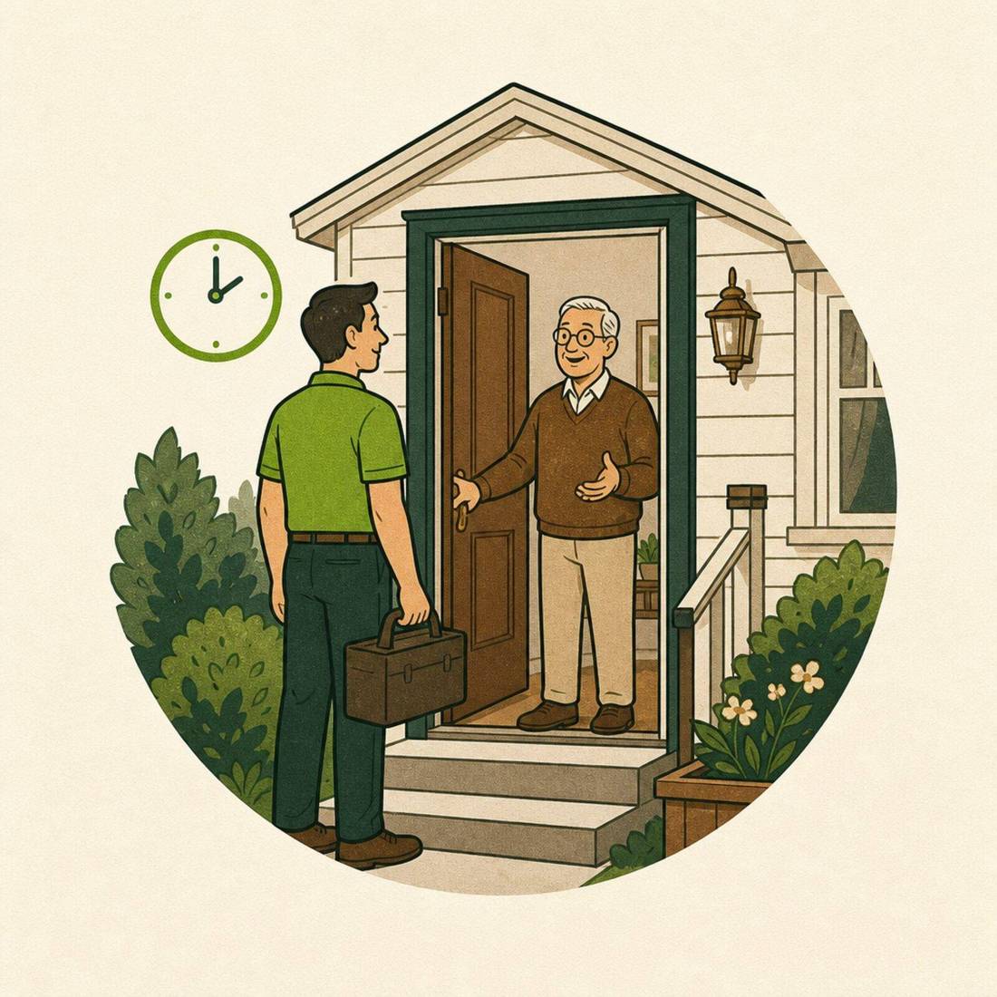 A Revived visitor in a green polo being welcomed through a homeowner's front door