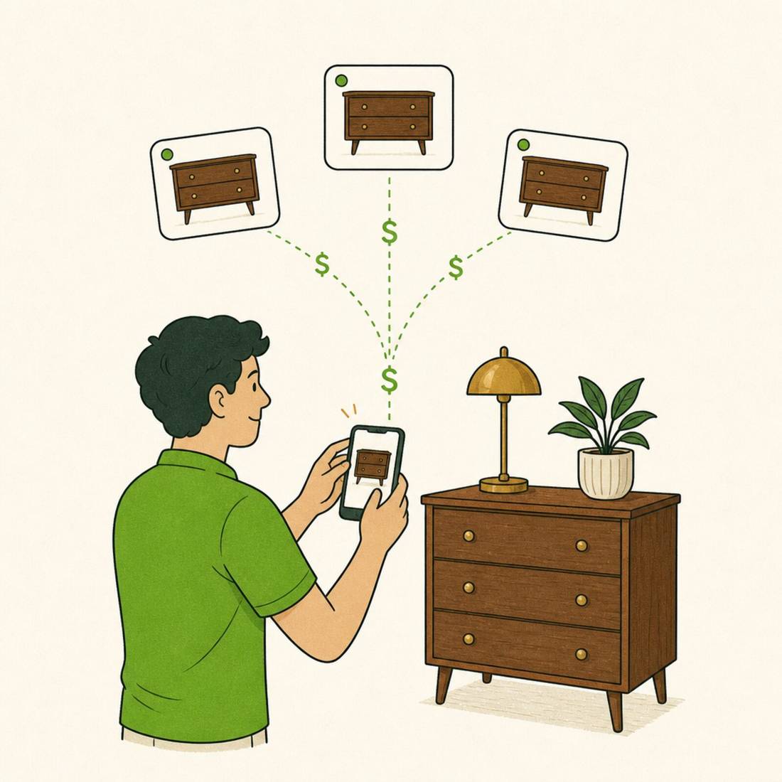A Revived photographer shooting a walnut dresser with a phone, the listing appearing on three channels