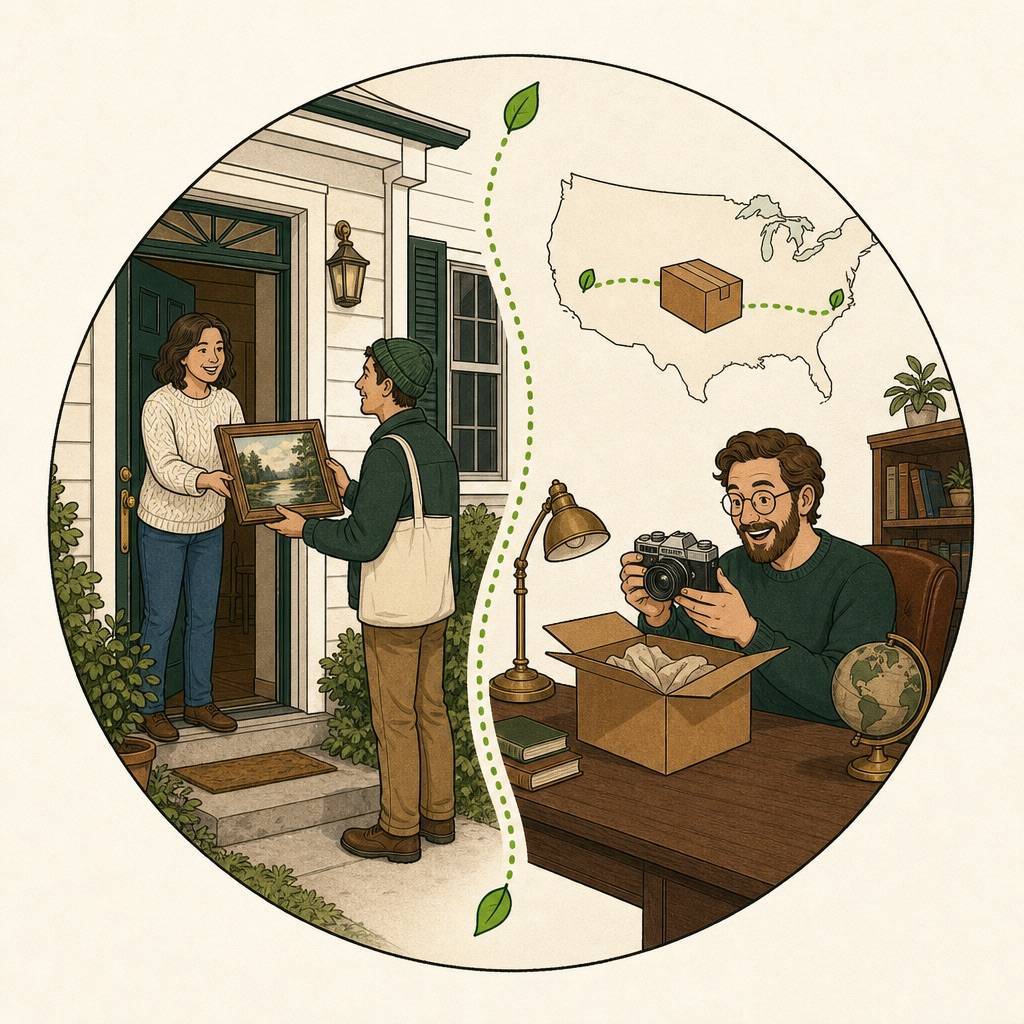 Split scene: a homeowner hands a framed painting to a local buyer at her door, and a box ships across the country to a collector opening it to find a film camera