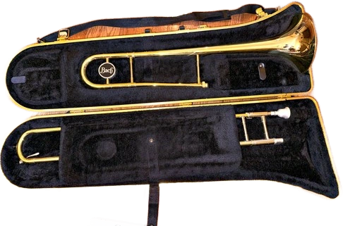 Bach TB301 tenor trombone, serial 587854, Bach case, 12C, Giardinelli stand kit