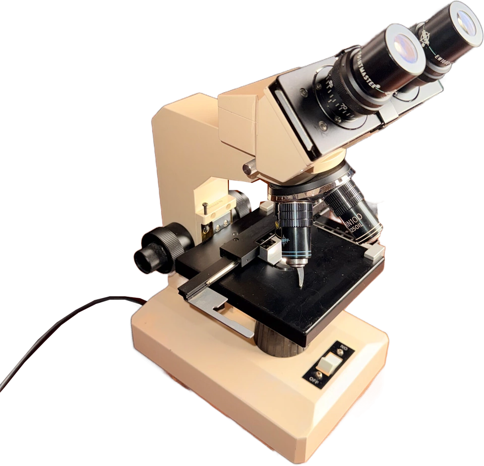 Binocular compound microscope, DIN 4/10/40 objectives, WF10X Pointmaster eyepieces, cream base
