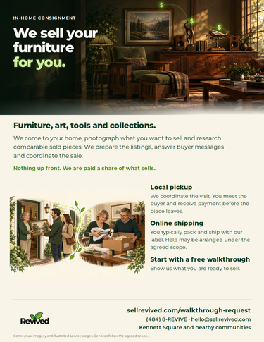 In-home consignment brochure cover with Revived branding and service illustration