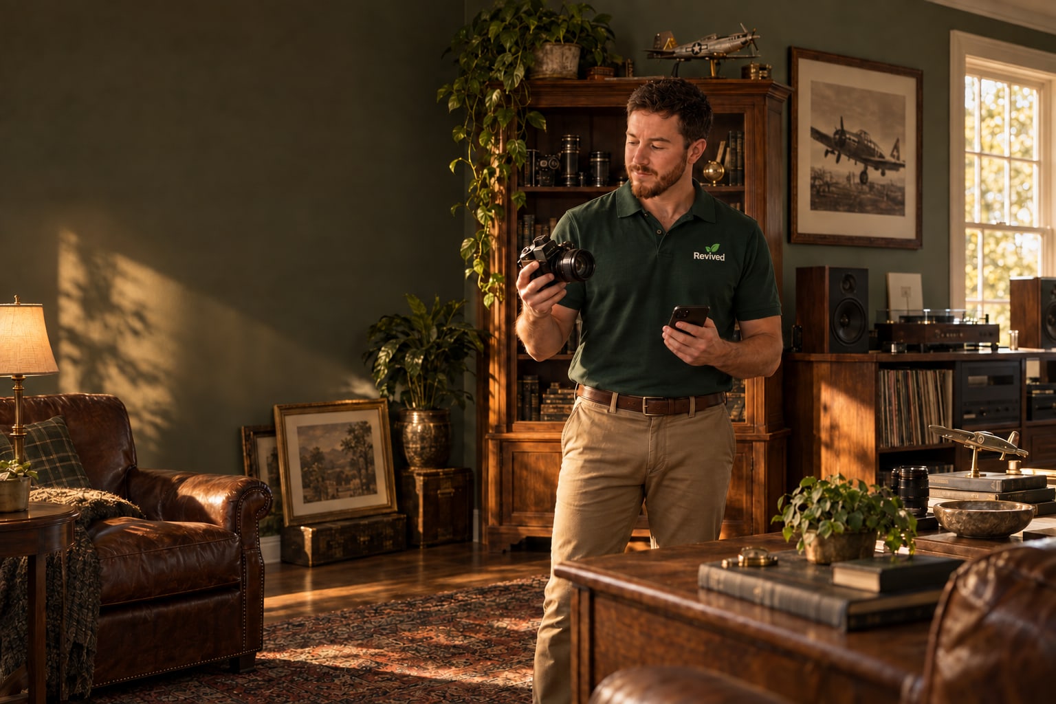 Approved promotional scene of Stone Ross inspecting a collection in a furnished home