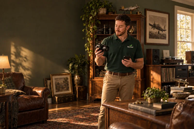 Approved promotional scene of Stone Ross inspecting a collection