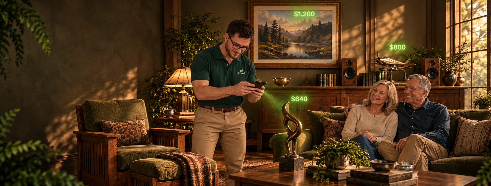 Approved promotional scene of Stone Ross photographing a collectible with his phone while a couple relaxes in their furnished home