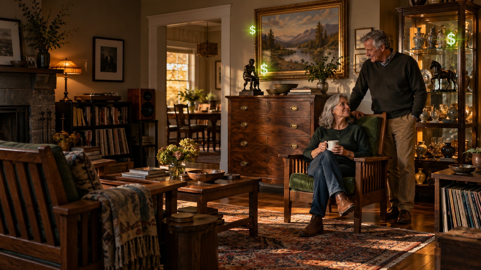 Illustrative homeowner and buyer in a furnished home with art and collectible belongings