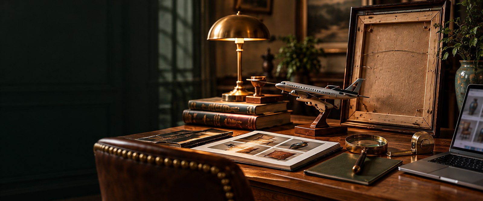 Illustrative research desk with framed art, a collectible aircraft, reference books and a magnifier